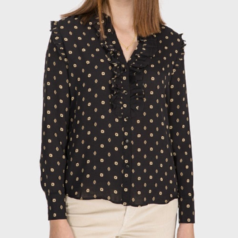 SCOTCH & Soda Black and Yellow Floral Printed Ruffled Button Down Top| N…